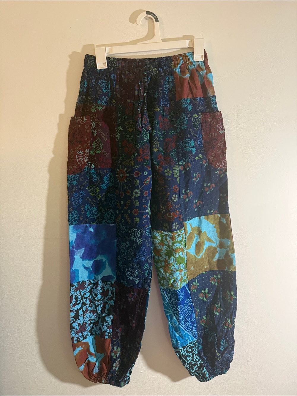 Patchwork Boho Elastic Waist Pants - Blue Multi 100% cotton